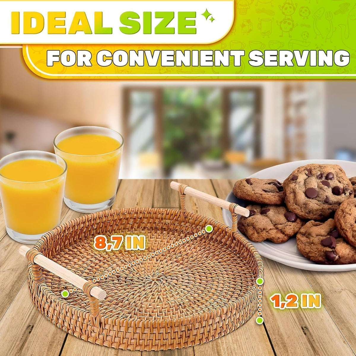 Rattan Tray 8.7 Inch round Woven Serving Basket with Handles Decorative Tray for Coffee Table Bread Fruit Vegetables Restaurant & Home Use
