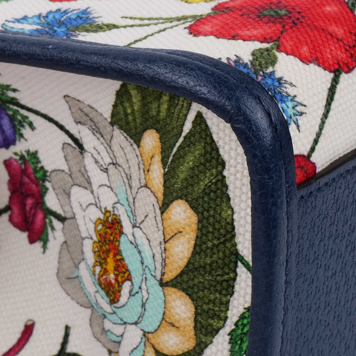 Gucci Floral Canvas Tote with Blue Leather Trim.