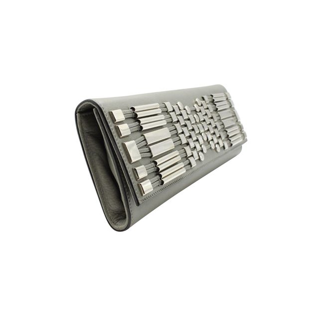GUCCI Metal Embellished Broadway Clutch in Grey Leather