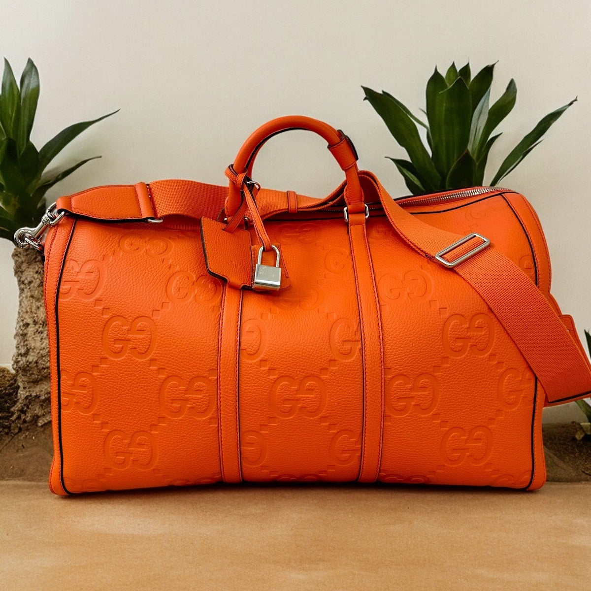 BRAND NEW Gucci Orange Jumbo GG Embossed Leather Duffle Bag Bandouliere
