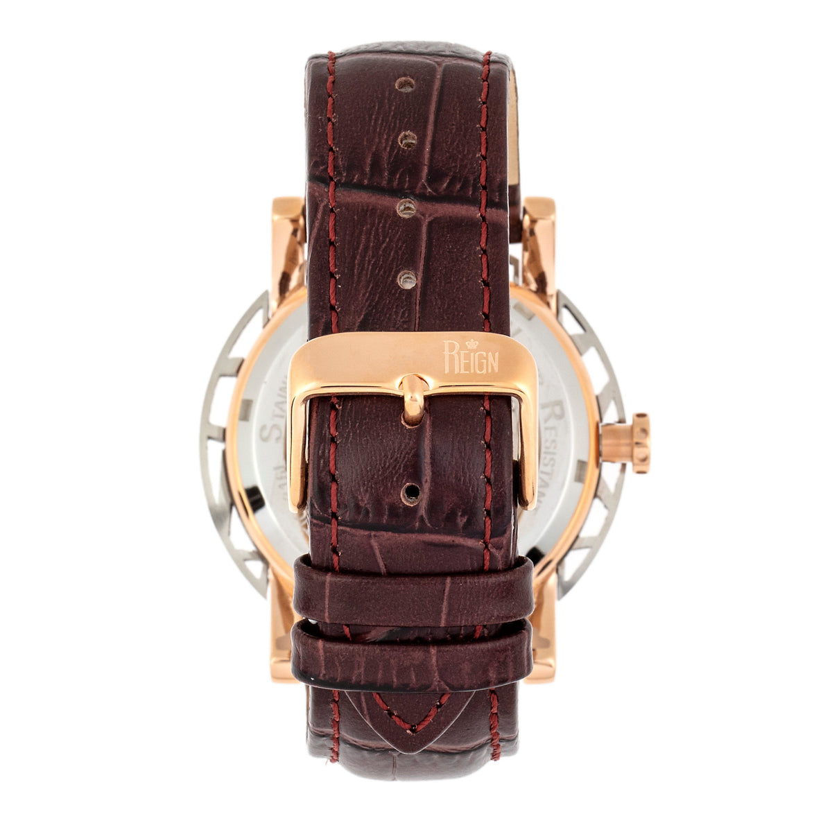 Reign Stavros Automatic Skeleton Leather-Band Watch - Rose Gold/White