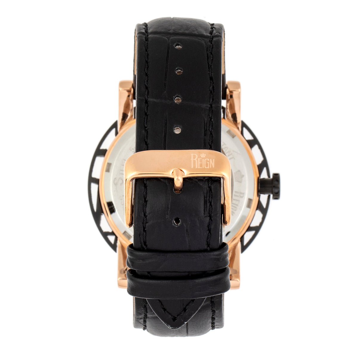 Reign Stavros Automatic Skeleton Leather-Band Watch - Rose Gold/Black