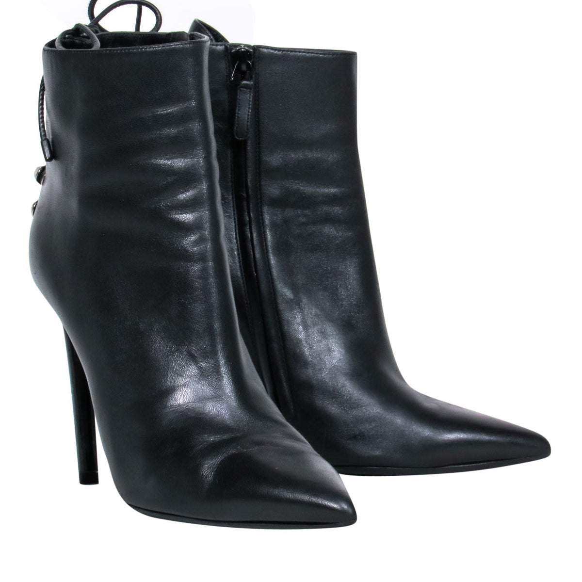 balenciaga – Black Leather Pointy Toe Booties w/ Lace Up Back Sz 7.5