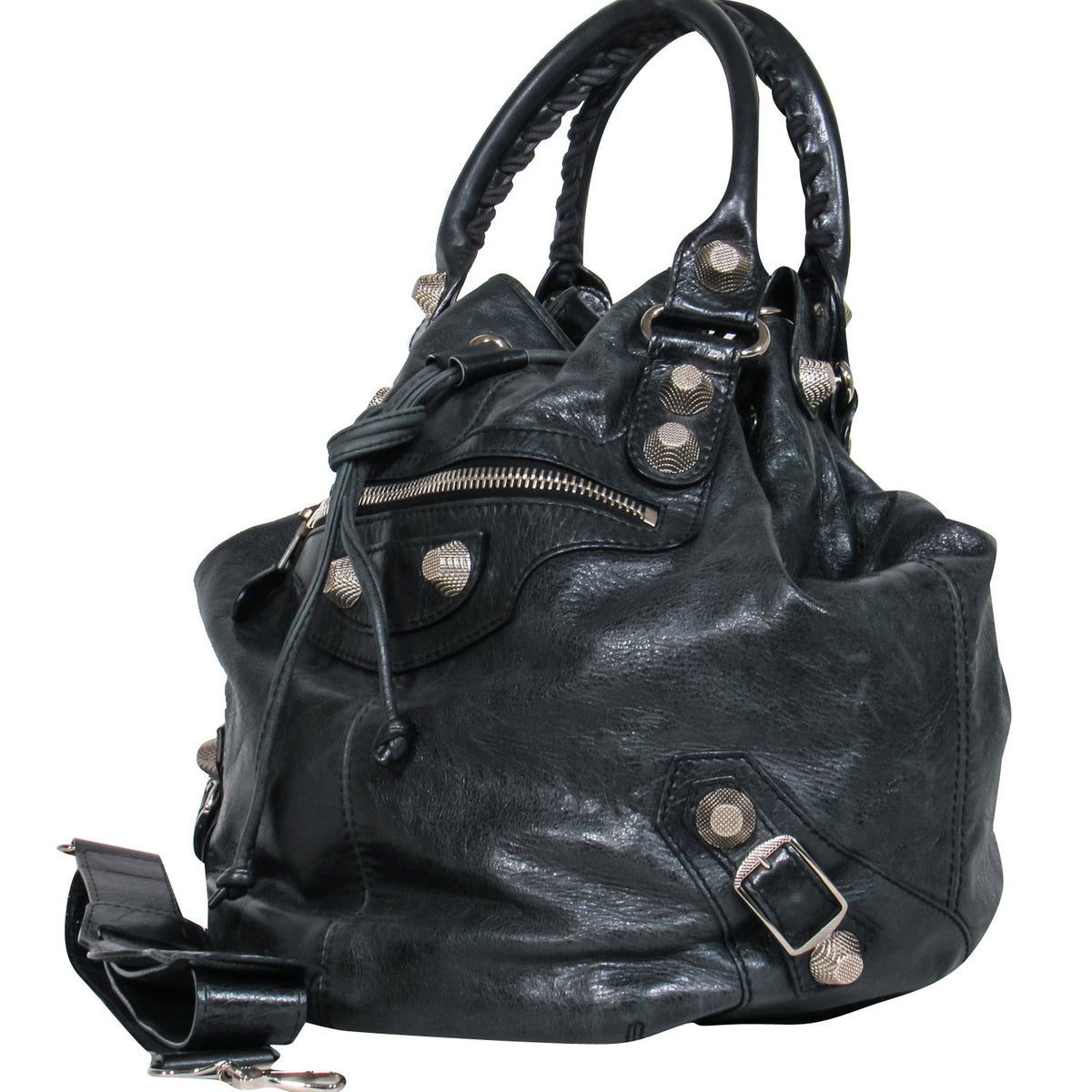 balenciaga - Black Leather Studded Motorcross Pompon Bucket Bag