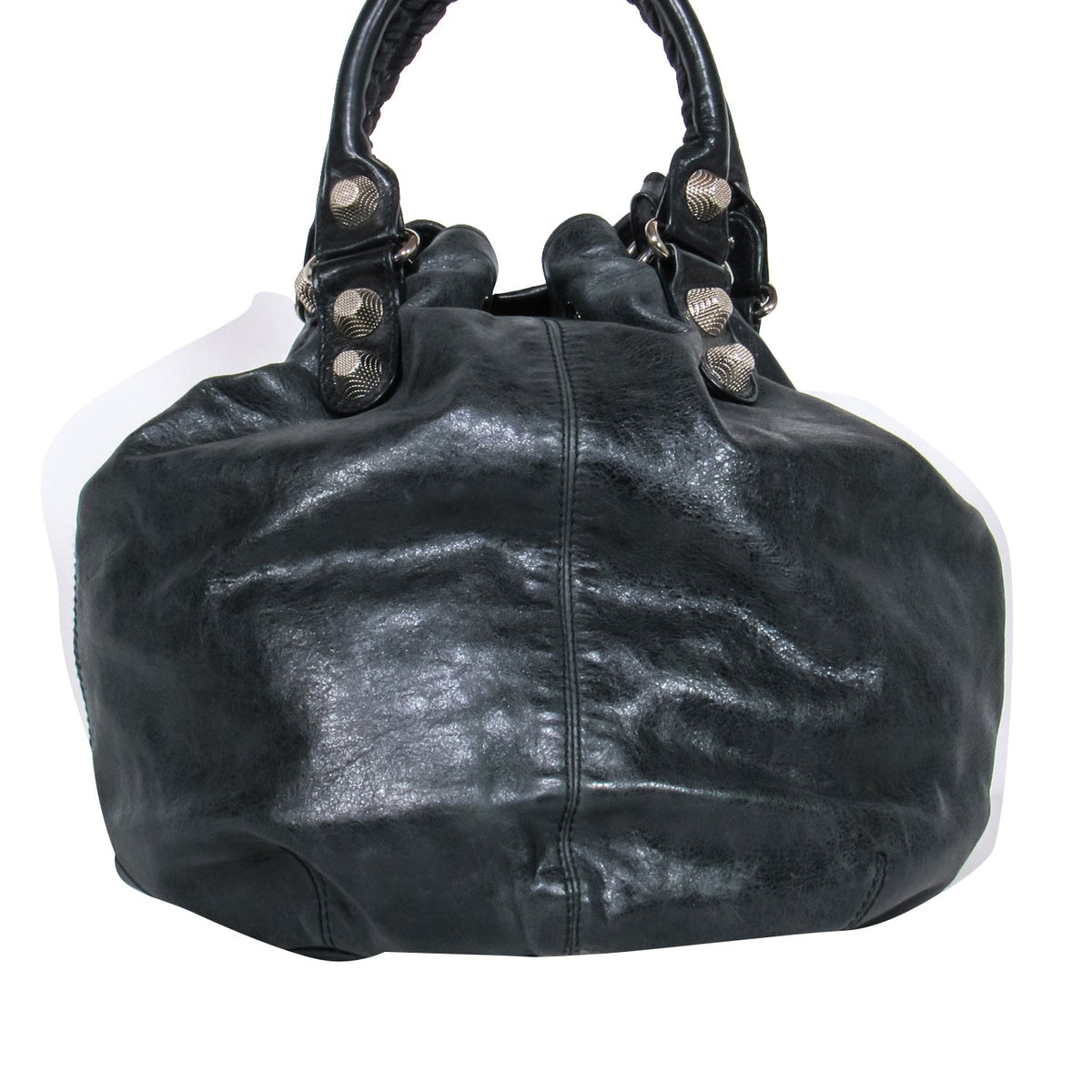 balenciaga - Black Leather Studded Motorcross Pompon Bucket Bag