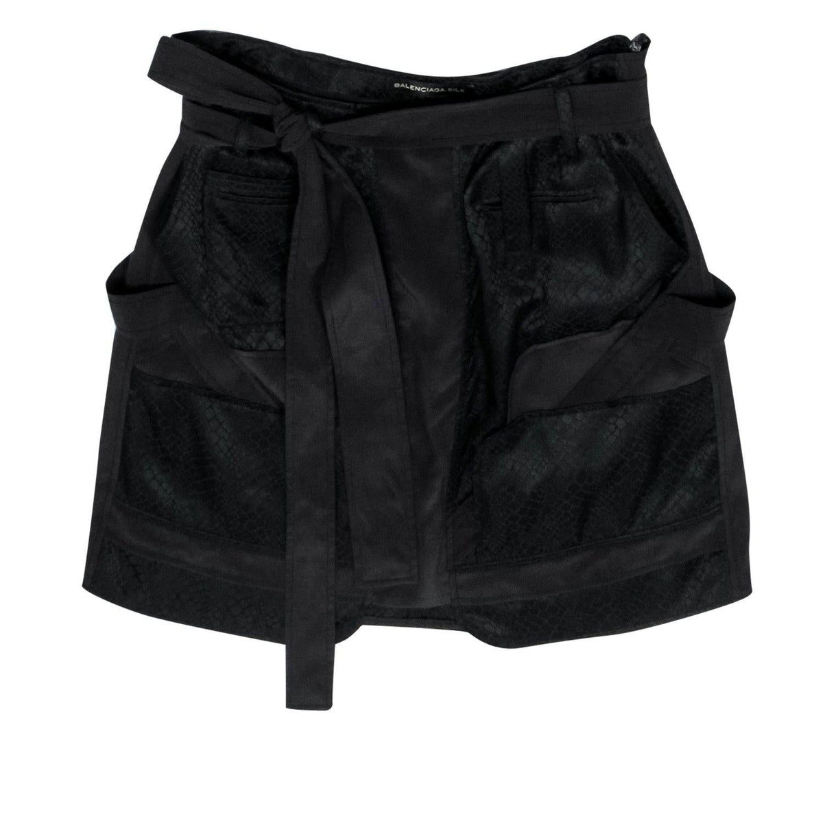 balenciaga - Black Reptile Embossed Belted Silk Miniskirt Sz 2