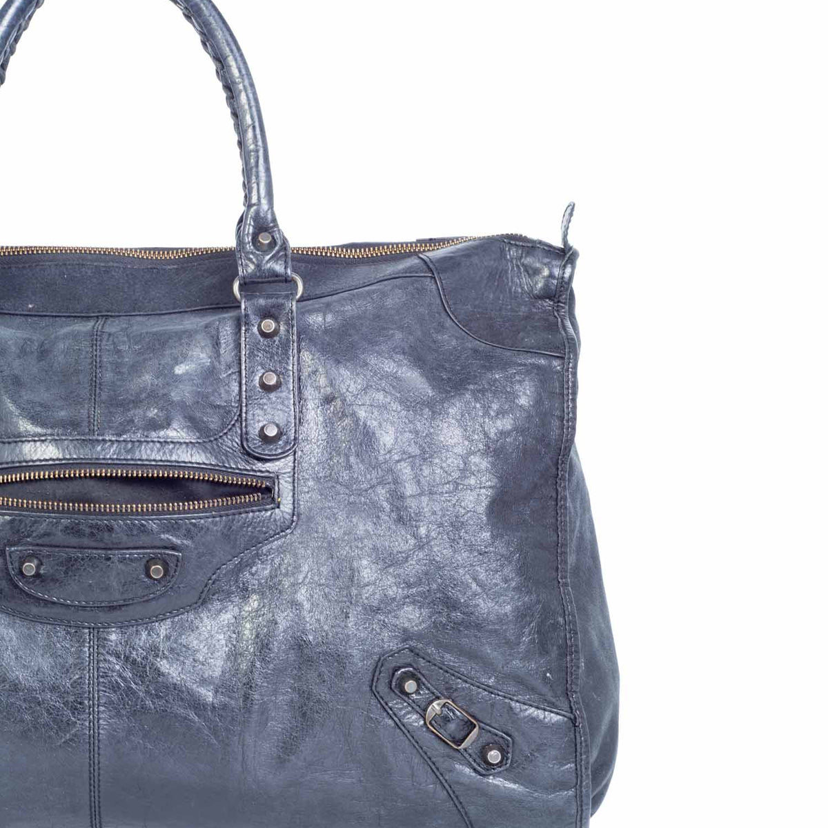balenciaga Distressed Leather Classic Hardware City Duffle Bag Black