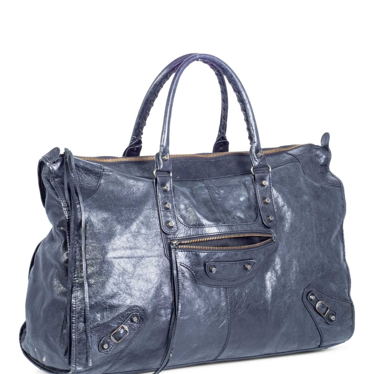 balenciaga Distressed Leather Classic Hardware City Duffle Bag Black