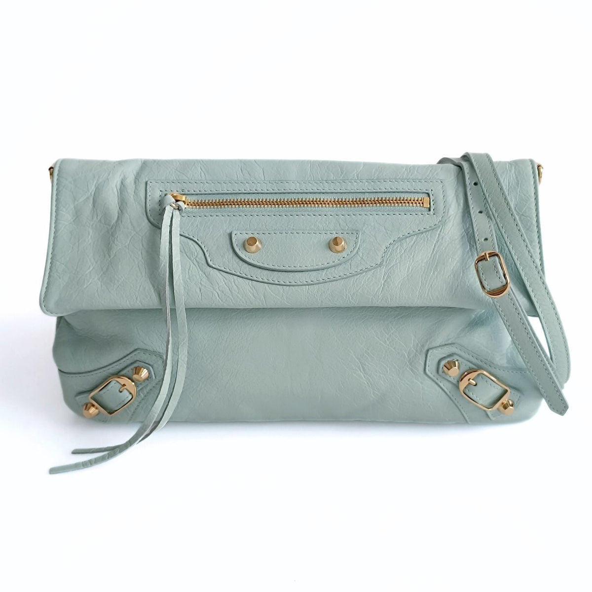 balenciaga Giant Clutch with shoulder strap in aqua green leather
