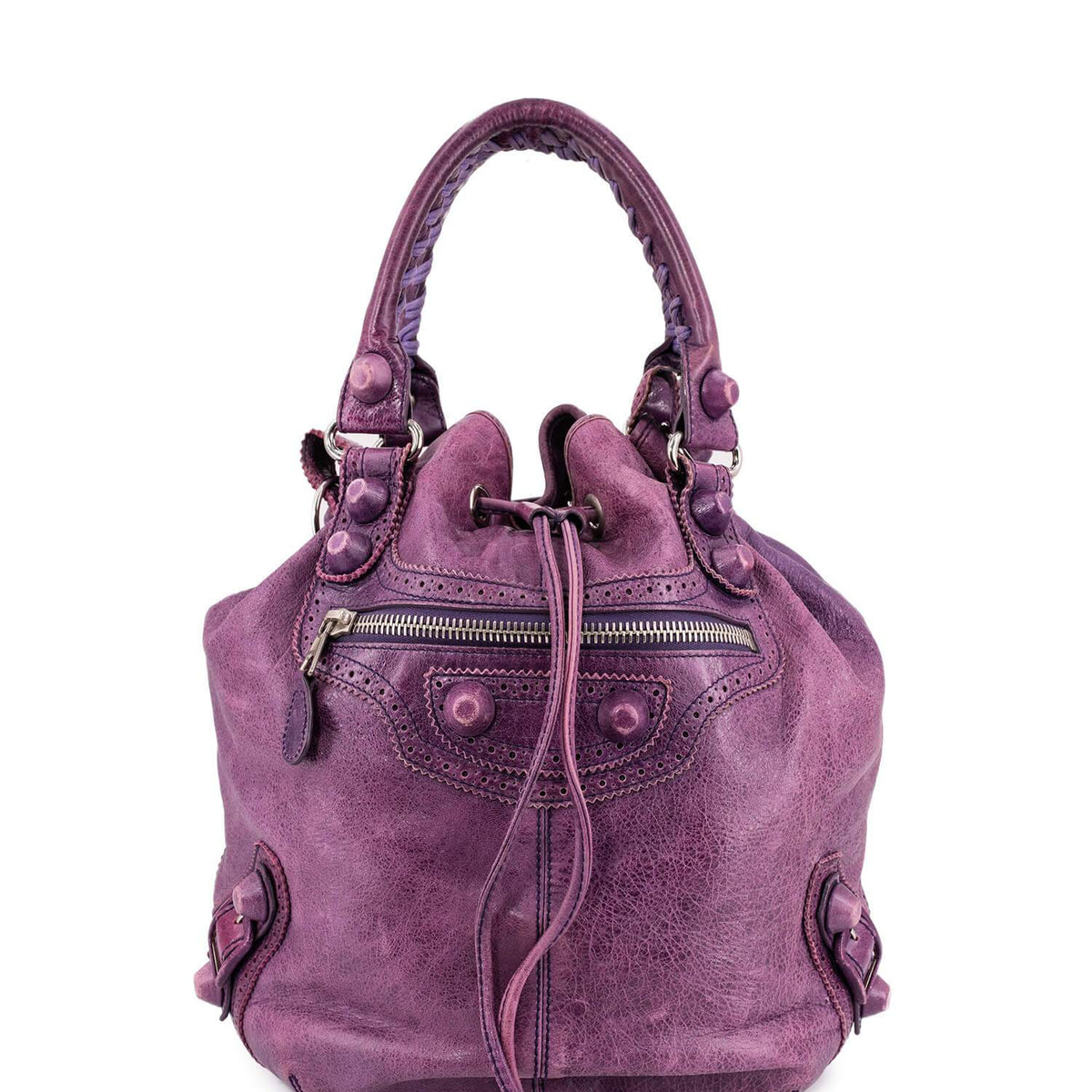 balenciaga Leather Large Pompon Bucket Bag Purple