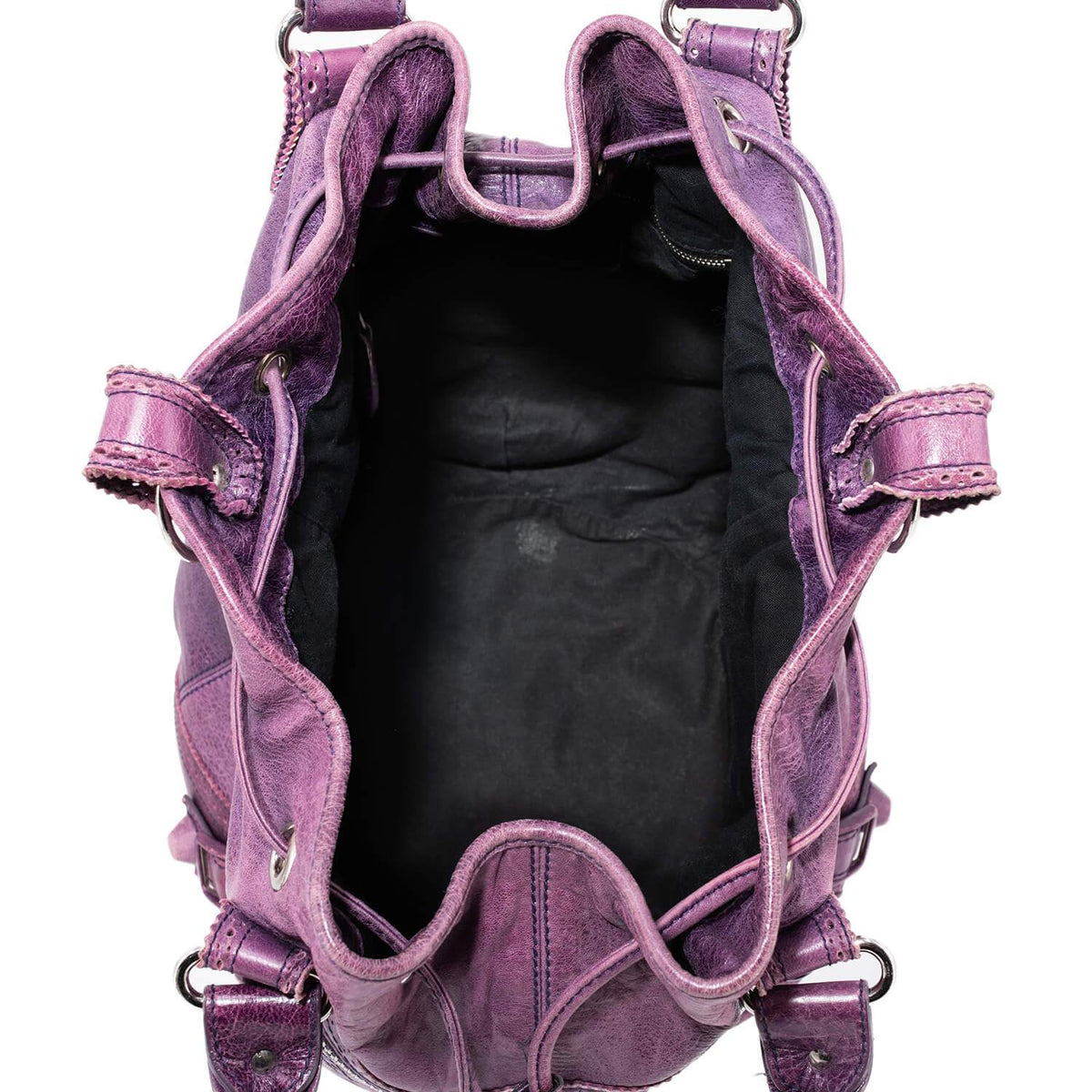 balenciaga Leather Large Pompon Bucket Bag Purple