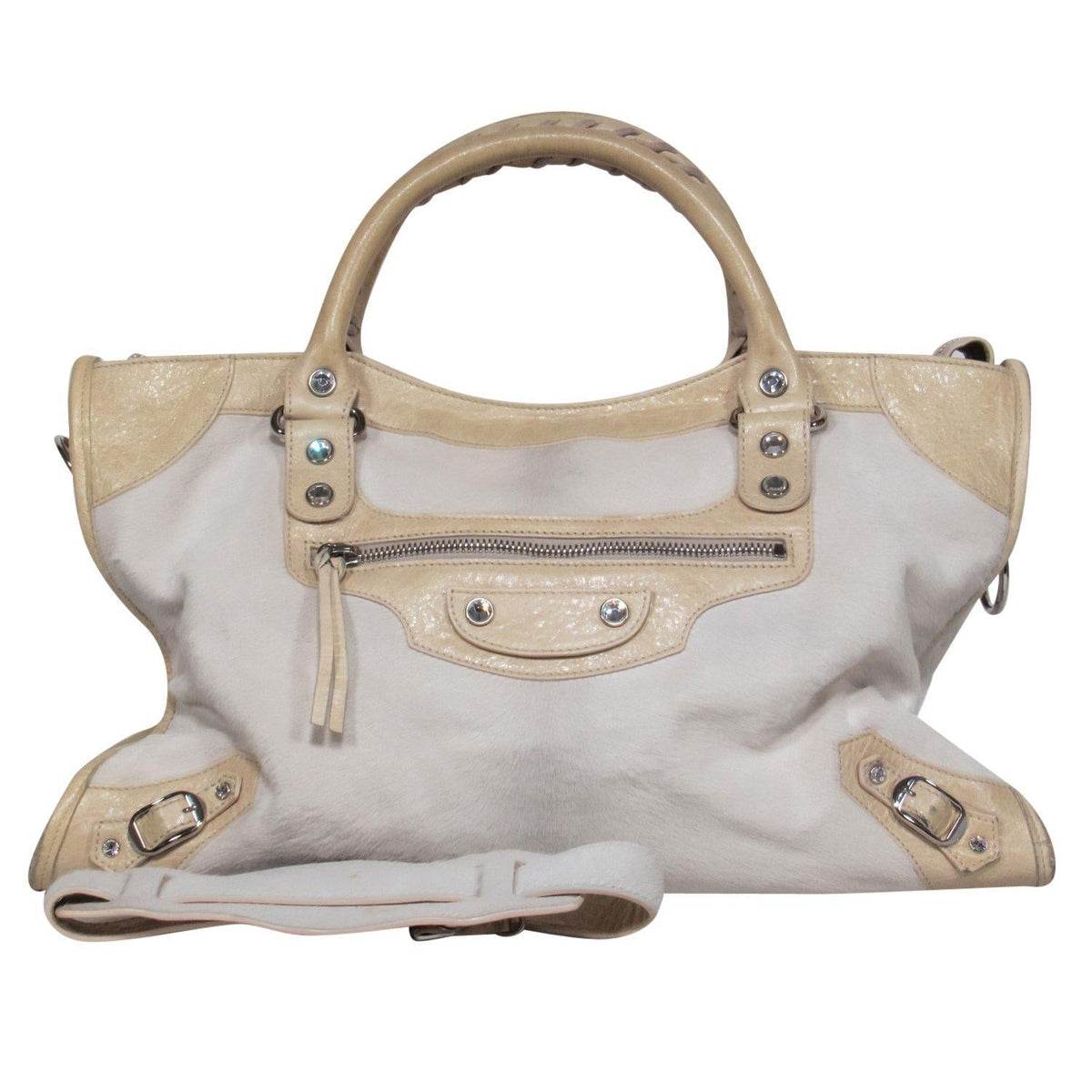 balenciaga - White & Cream Calf Hair Convertible Satchel