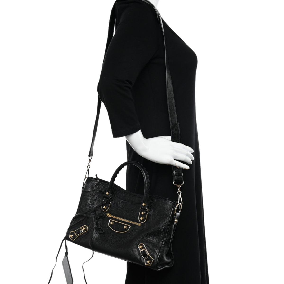 balenciaga Black Leather Metallic Edge City Tote