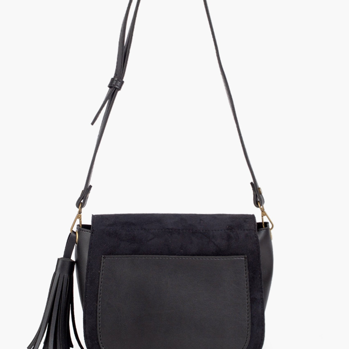 Black suede foldover saddle bag