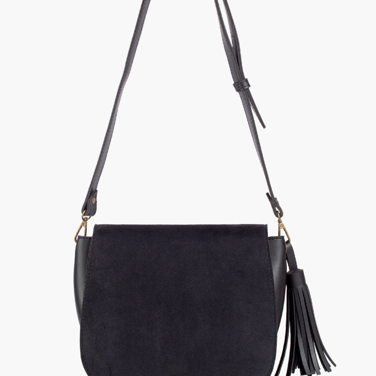 Black suede foldover saddle bag