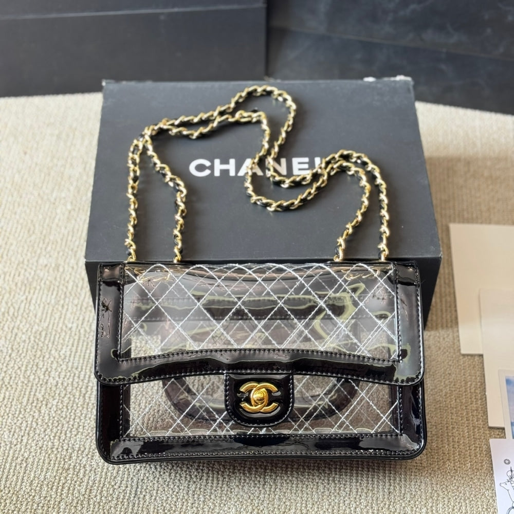 CC FLAP BAG CLEAR VINYL AND LEATHER BLACK 26CM