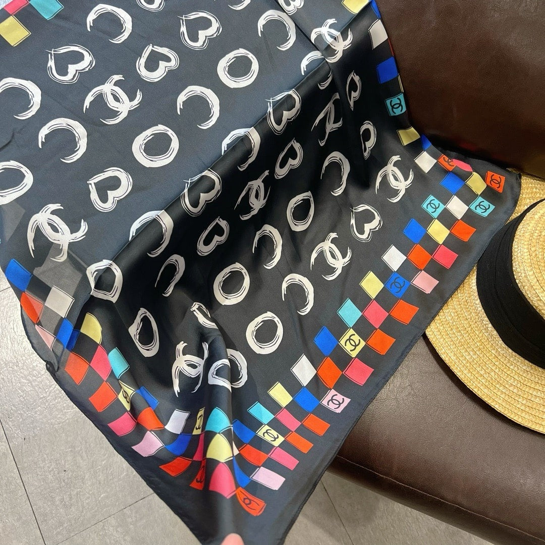 CC HEART AND LOGO PATTERN SILK SCARF IN BLACK 70CM