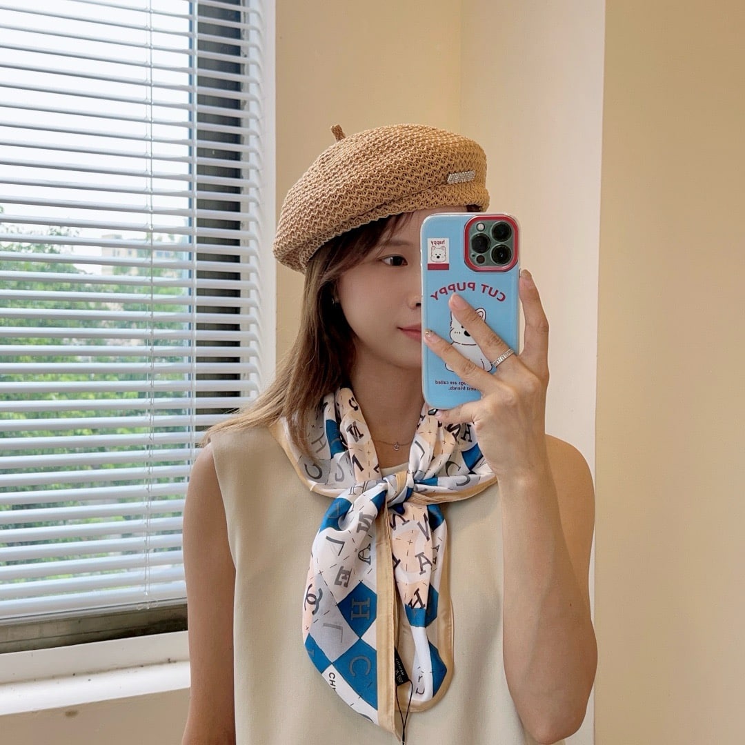 CC GEOMETRIC CC SILK SCARF BLUE AND BEIGE 70CM