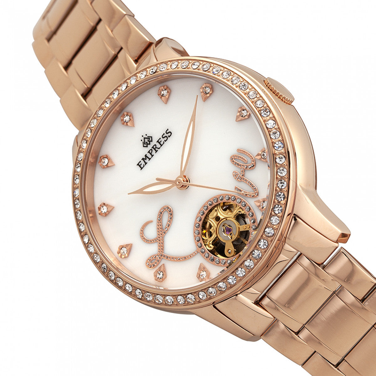 Empress Quinn Automatic MOP Semi-Skeleton Dial Bracelet Watch - Rose Gold