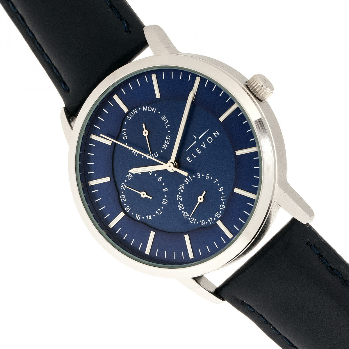 Elevon Lear Leather-Band Watch w/Day/Date - Blue