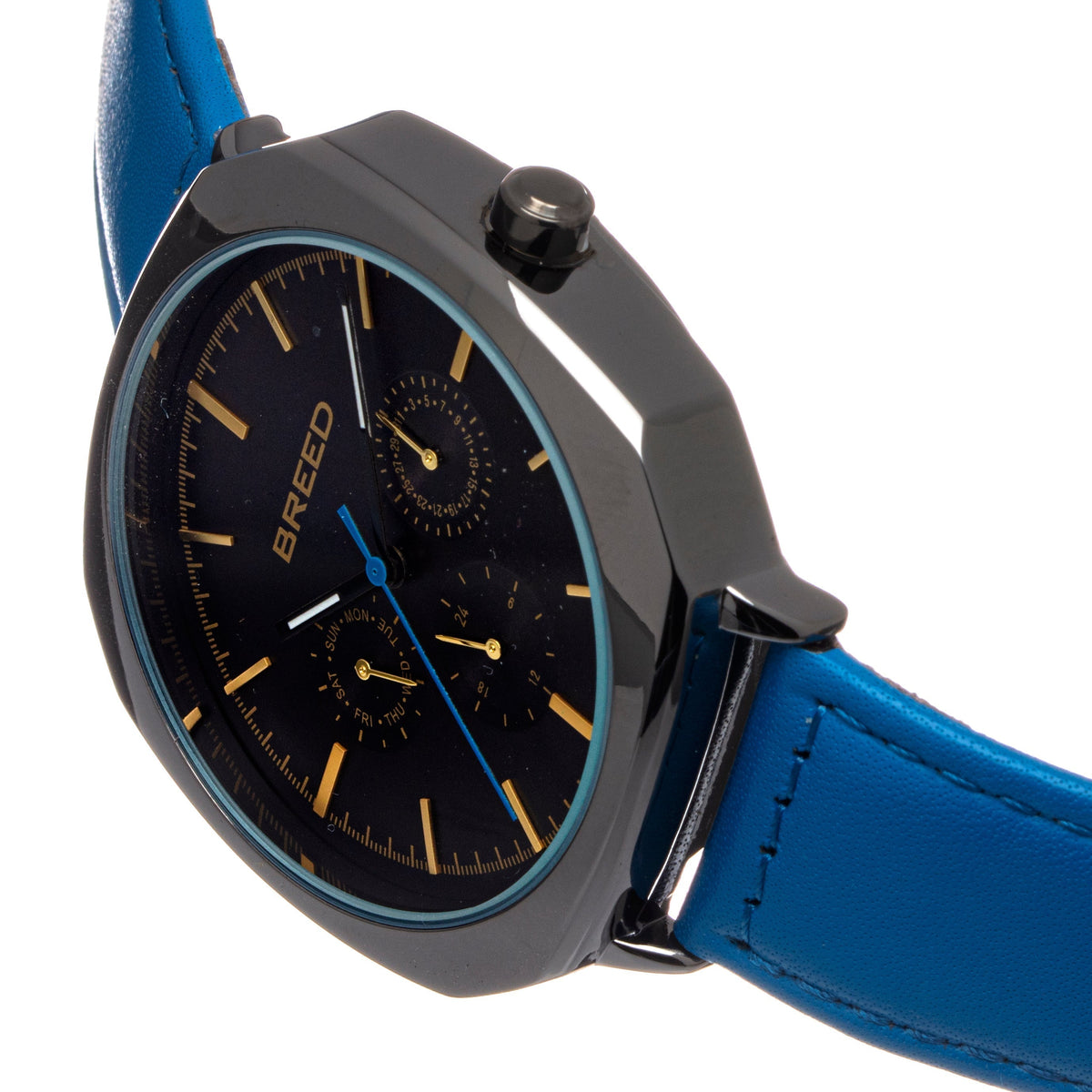 Breed Revolver Leather-Band Watch w/Day/Date - Blue/Black