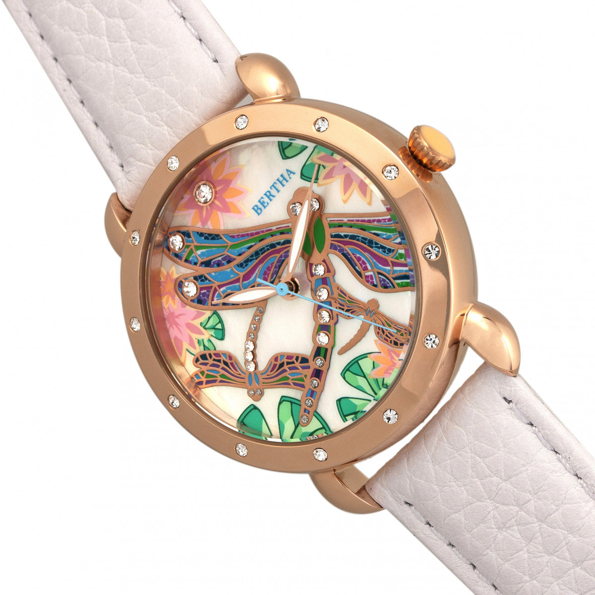 Bertha Jennifer MOP Leather-Band Ladies Watch - Rose Gold/White