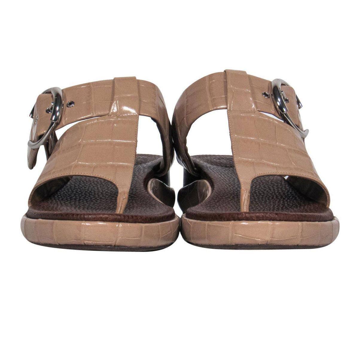 Chloe - Beige Patent Embossed Leather Thong Sandals w/ Buckles Sz 10