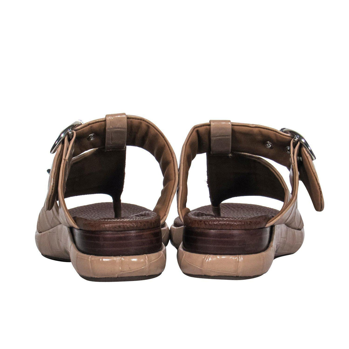 Chloe - Beige Patent Embossed Leather Thong Sandals w/ Buckles Sz 10