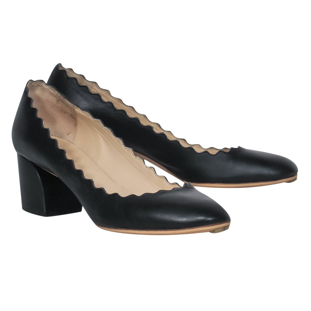Chloe - Black Leather Scalloped Block Heel "Lauren" Pumps Sz 5.5