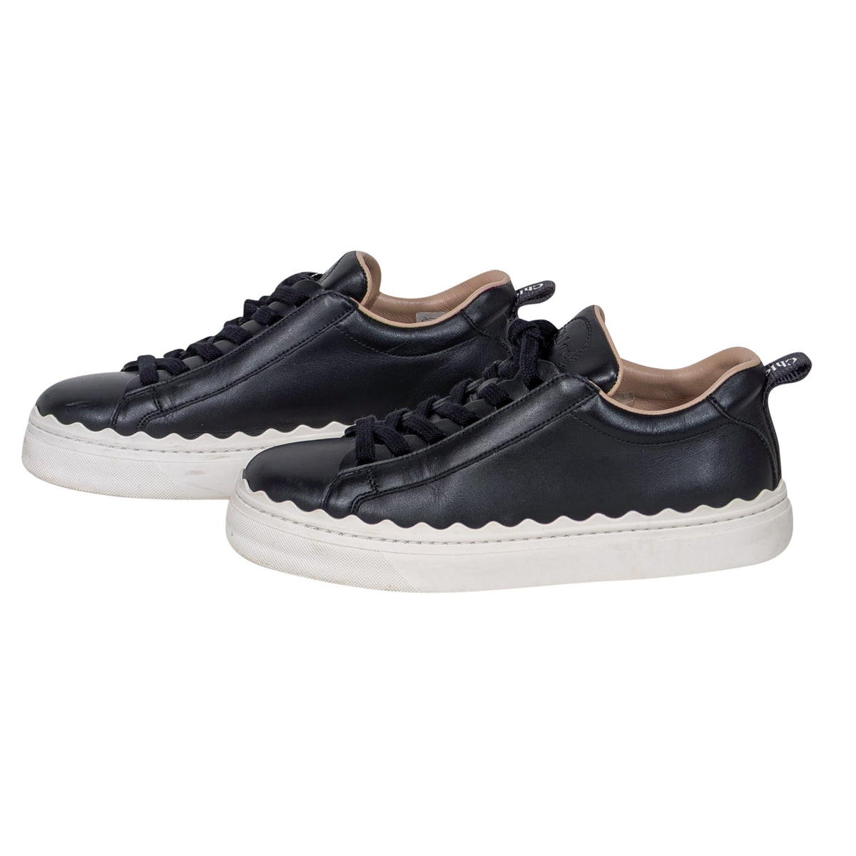 Chloe - Black Leather Sneakers w/ Scallop Trim Sz 7