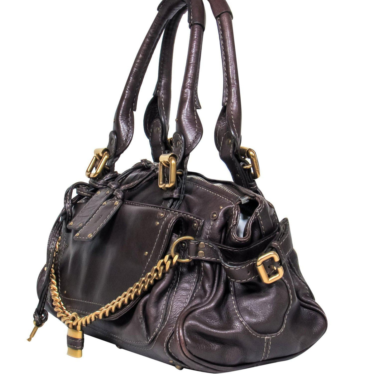 Chloe - Brown Leather Large Handbag w/ Lock & Chain