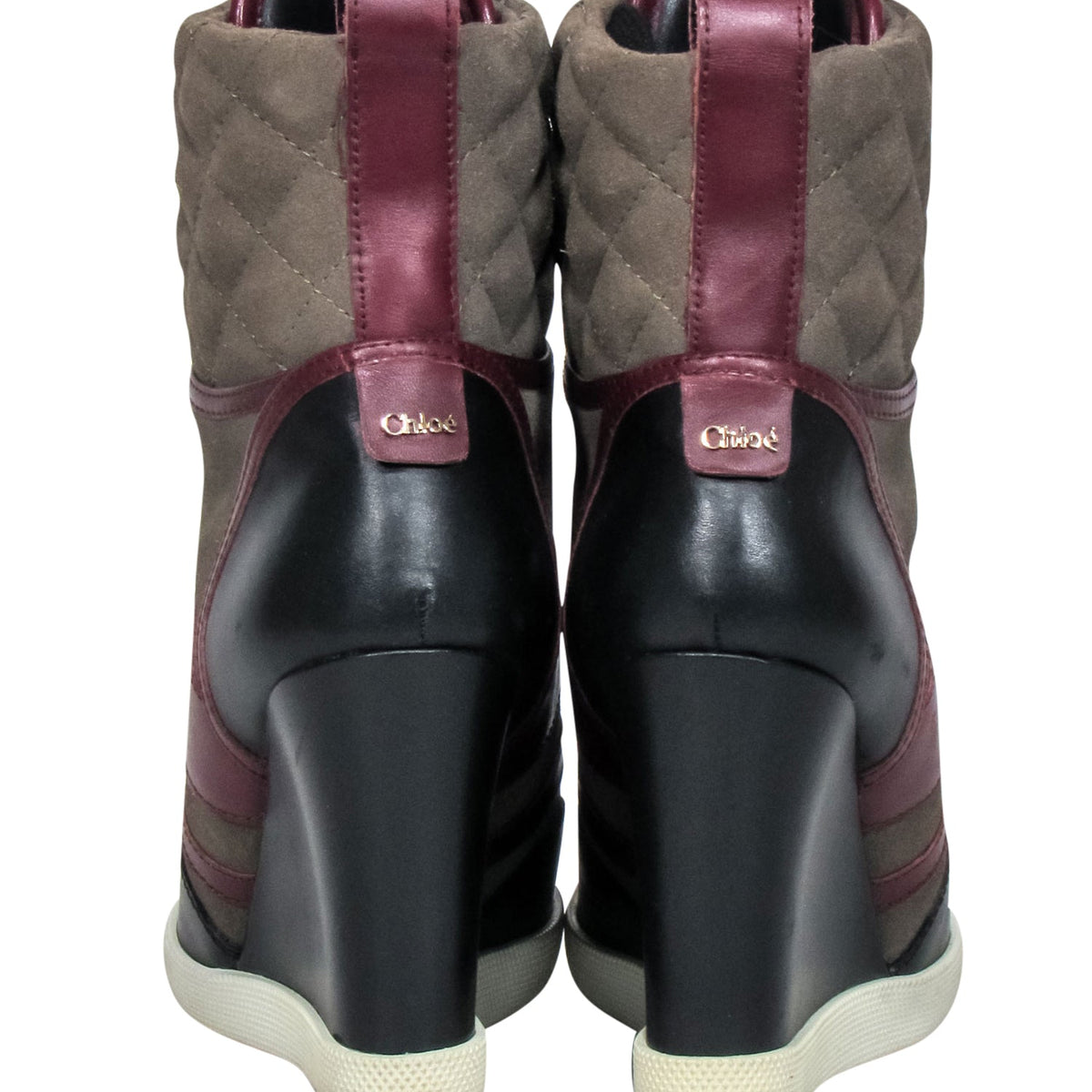 Chloe - Green, Maroon & Black Leather & Quilted Suede Wedge Sneaker Size 8.5