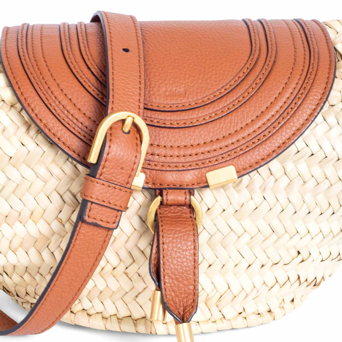 Chloe Leather Raffia Basket Messenger Bag Brown