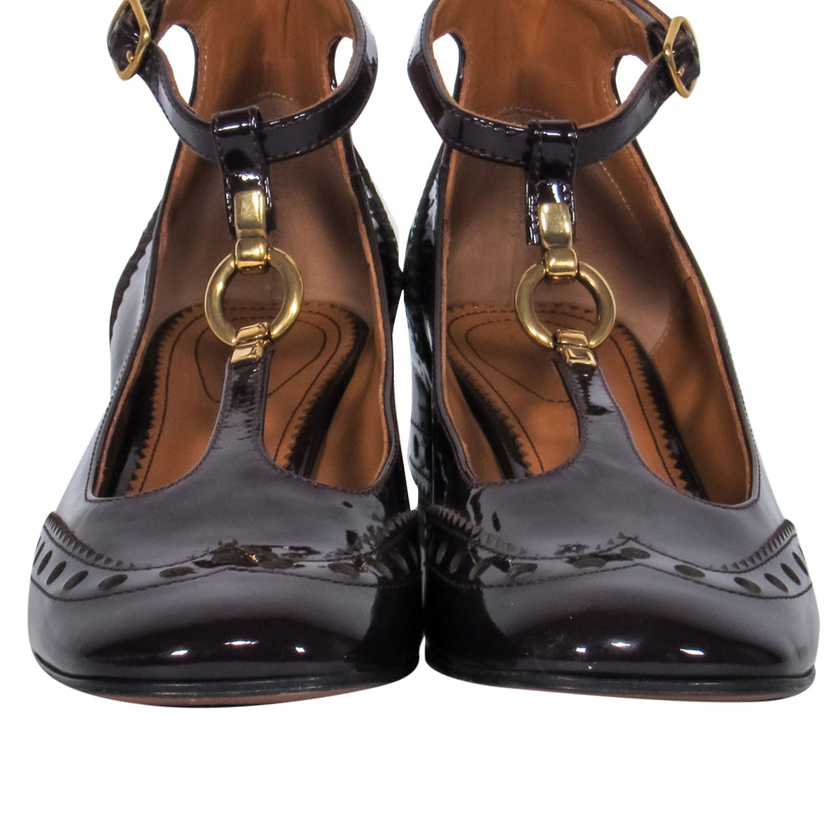 Chloe - Maroon Patent T-Strap Mary Jane Pumps w/ Loafer Embroidery Sz 8
