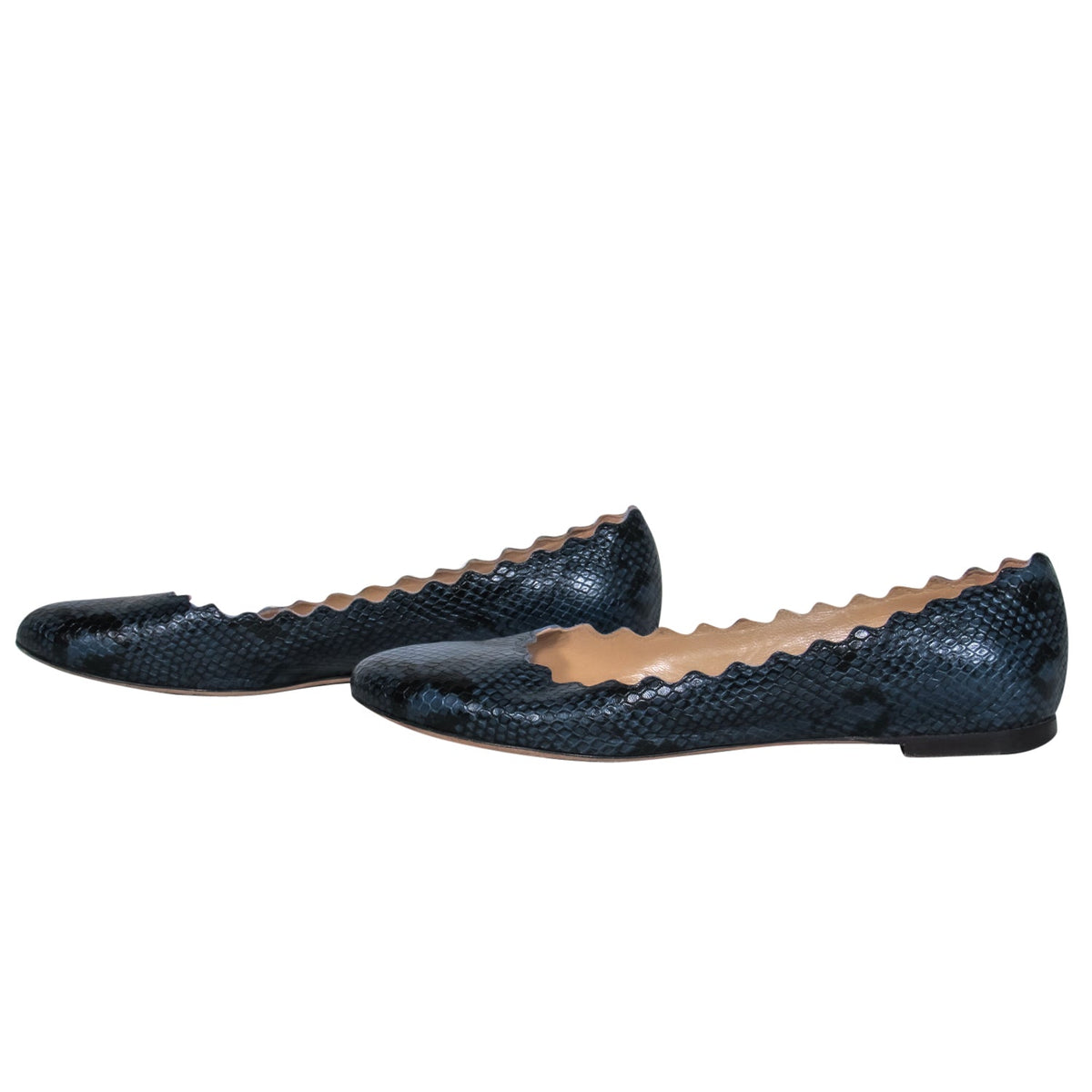 Chloe - Navy Snakeskin Print Textured Scalloped Flats Sz 9.5