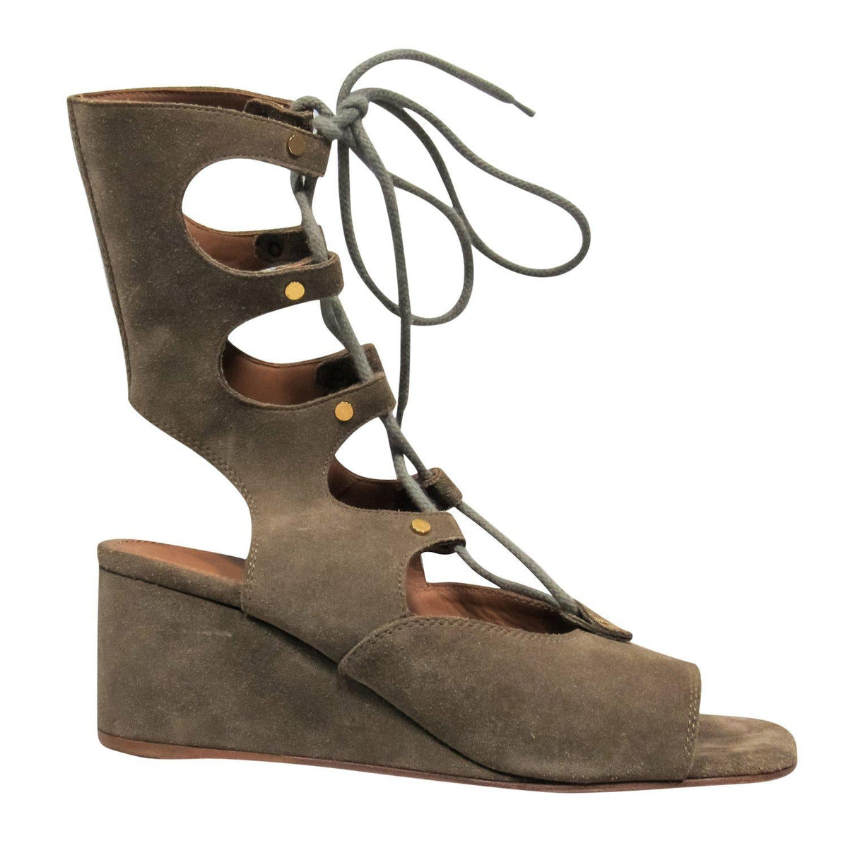 Chloe - Olive Suede Lace-Up Wedge Sandals Sz 7