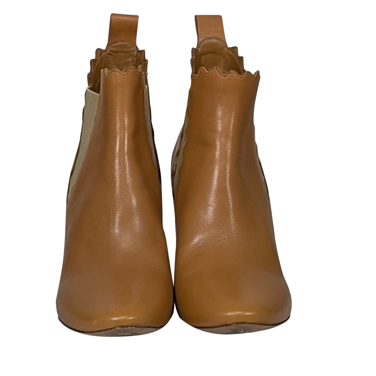 Chloe - Tan Leather Scalloped Trim Chelsea Short Boots Sz 8.5