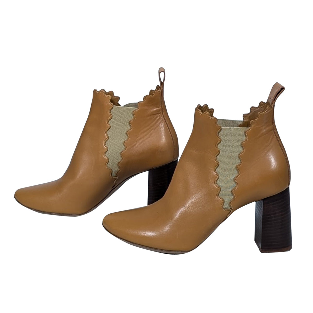 Chloe - Tan Leather Scalloped Trim Chelsea Short Boots Sz 8.5