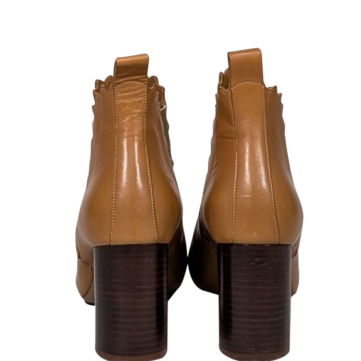 Chloe - Tan Leather Scalloped Trim Chelsea Short Boots Sz 8.5