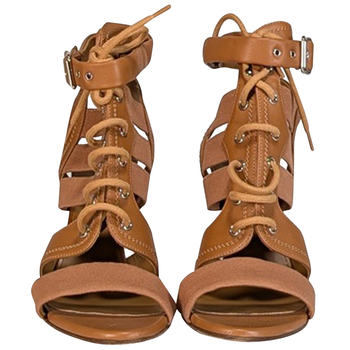 Chloe - Tan Leather & Woven Strappy Open Toe Pumps Sz 12