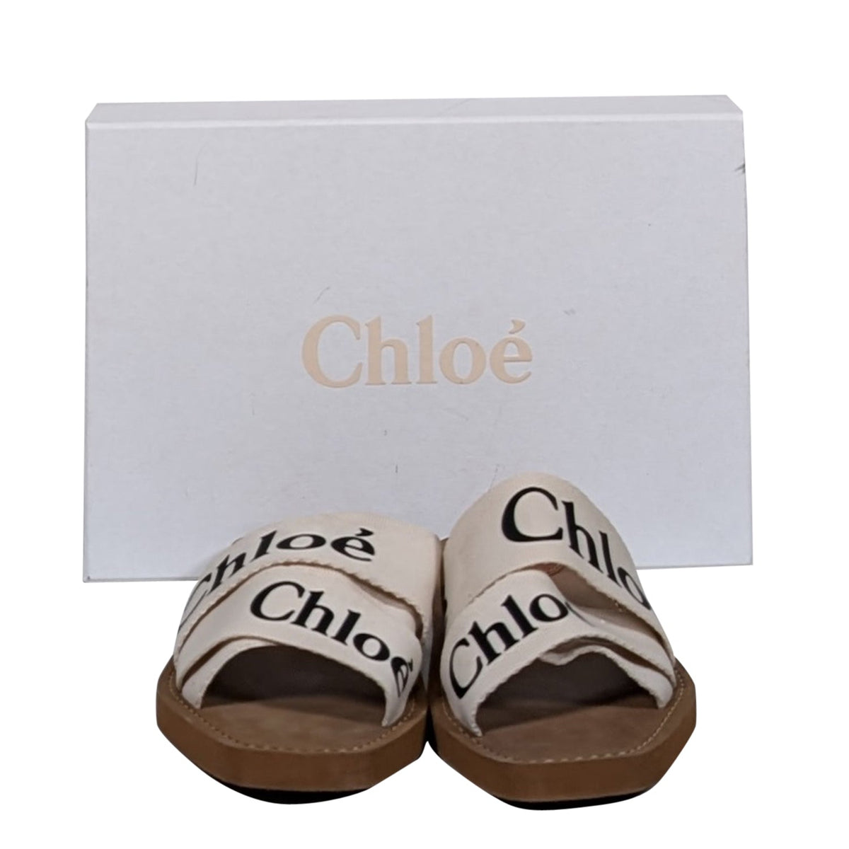 Chloe - White Woody Logo Ribbon Slide Sandals Sz 7