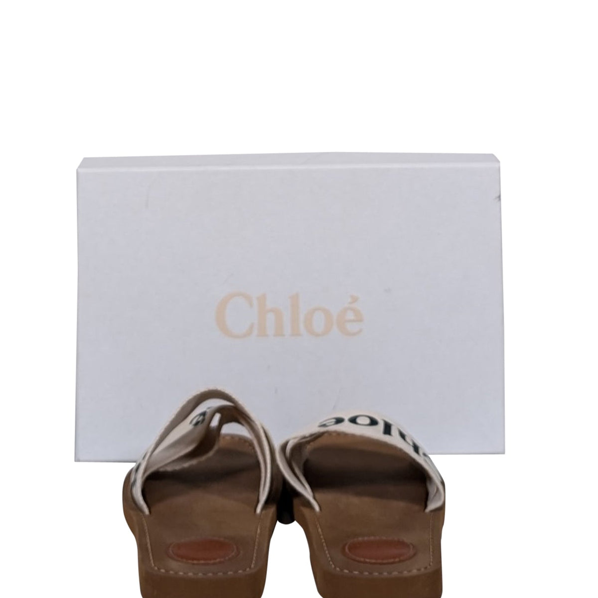 Chloe - White Woody Logo Ribbon Slide Sandals Sz 7