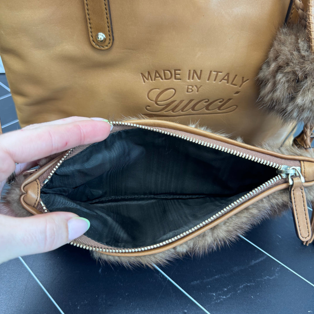 Gucci Tan Leather Craft Bag with Fur Pouch