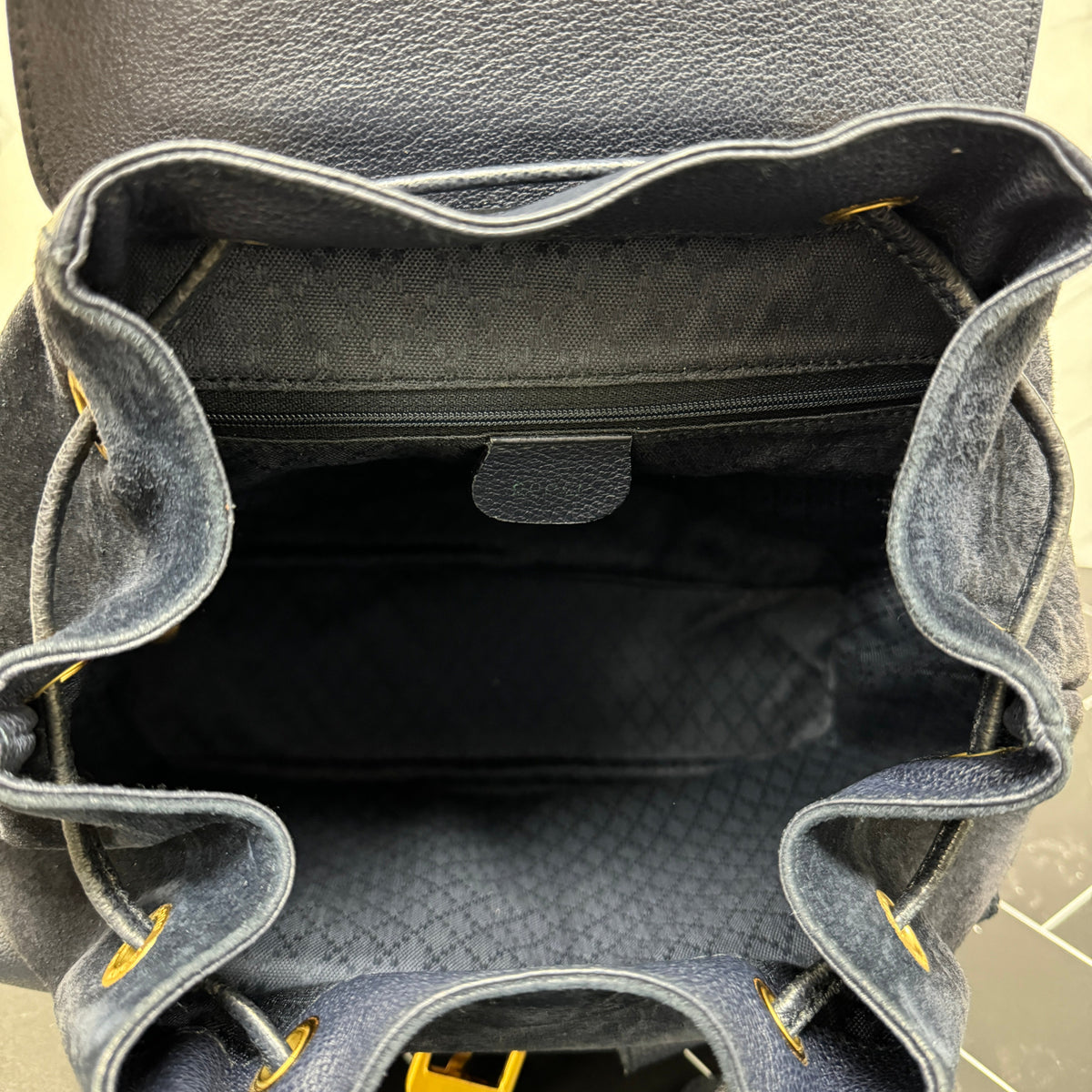Gucci Navy Blue Suede Bamboo Small Backpack