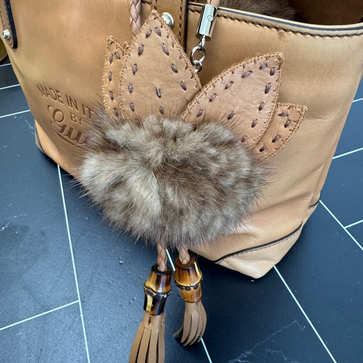 Gucci Tan Leather Craft Bag with Fur Pouch