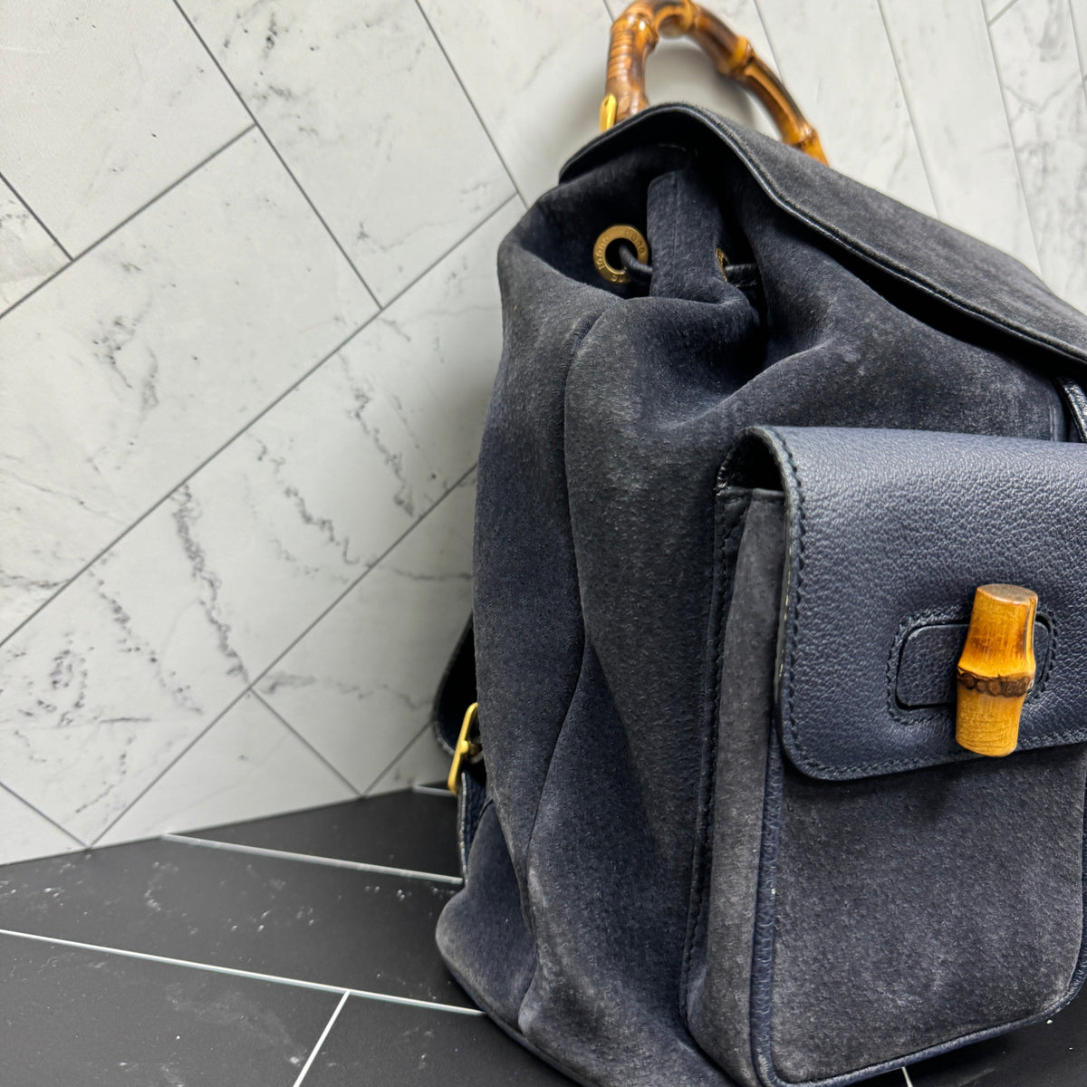 Gucci Navy Blue Suede Bamboo Small Backpack