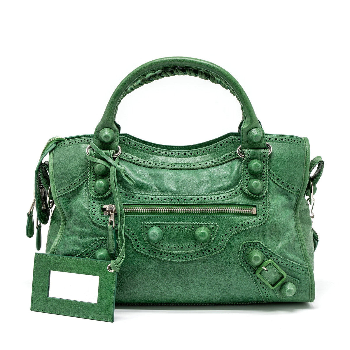 balenciaga Lace City Bag Leather Green SHW