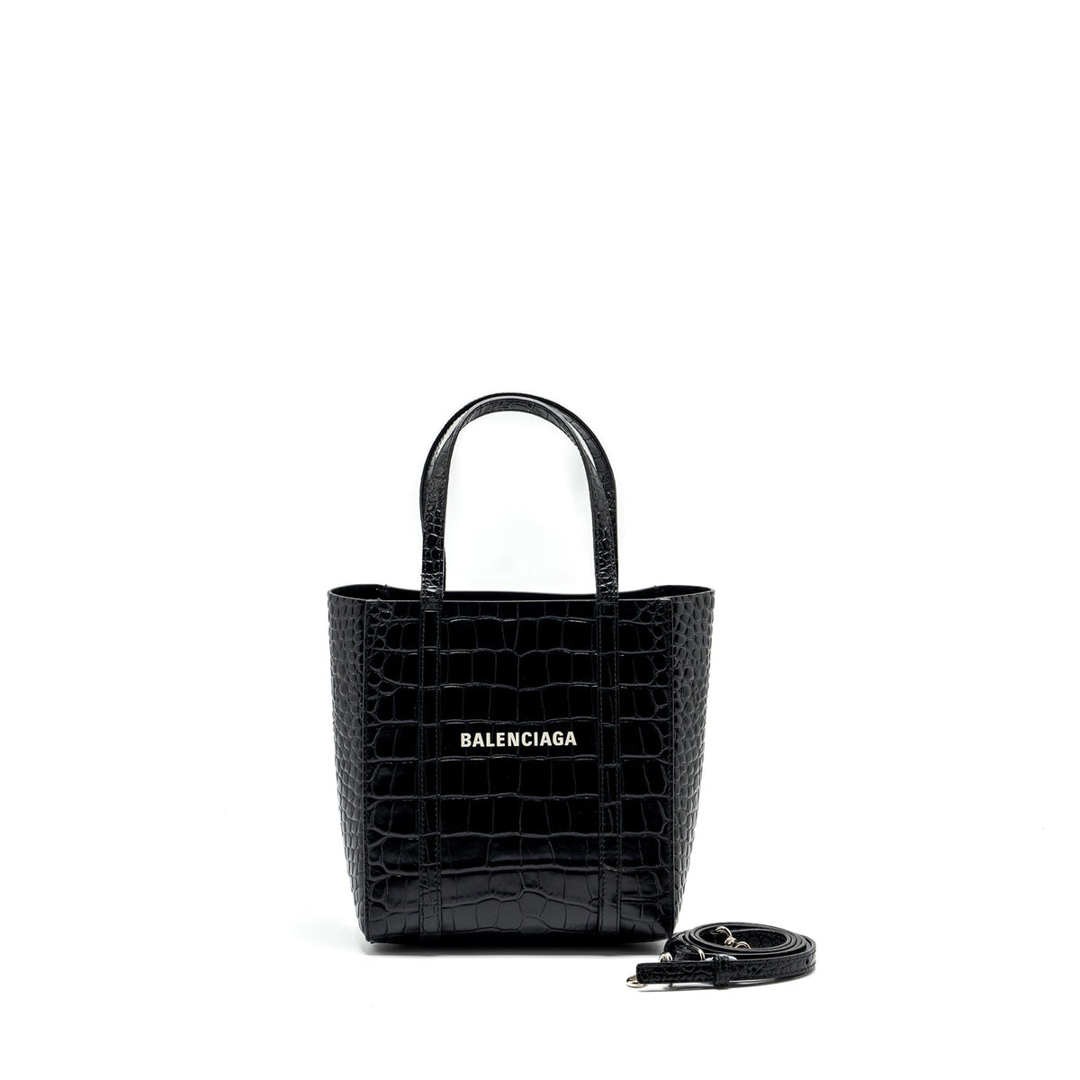 balenciaga XXS Everyday Tote Bag Croc-Embossed Calfskin Black SHW