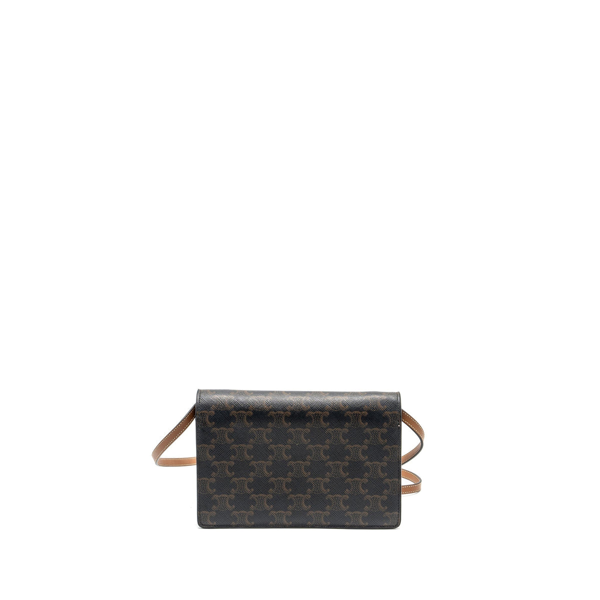Celine Wallet on strap Triomphe Canvas / Smooth Lambskin Tan GHW