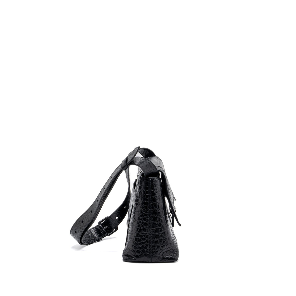 balenciaga Downtown Small Shoudler Bag Crocodile Embossed Black with Black Hardware